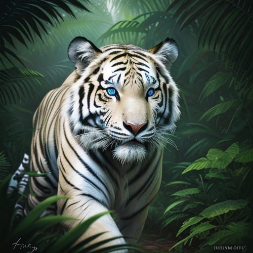 White Bengal Tiger with Freckles in Vivid Forest