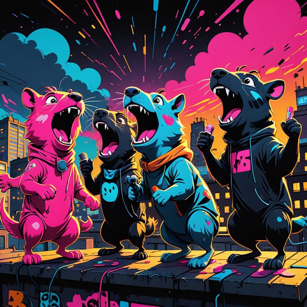 Cartoon Animals Sing on Rooftop Stage in Graffiti Art