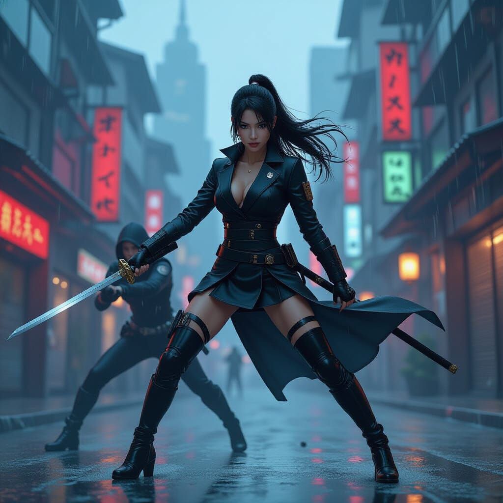 Cyberpunk Ninja Destroying Evil Assassin in Gritty Cityscape