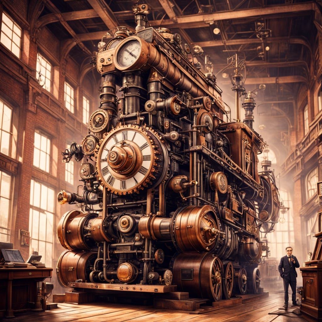 Soviet Steampunk Minister Surrounded by Whimsical Gadgets