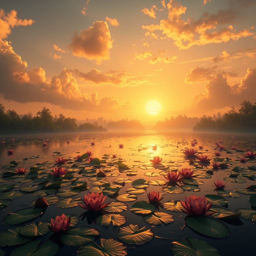 Vibrant Lily Pads in a Golden Hour River Scene