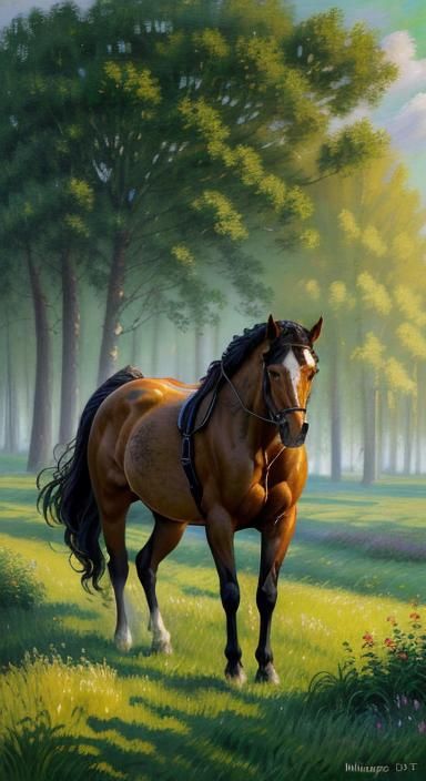 Resting Horse in Meadow as Impressionist Oil Painting