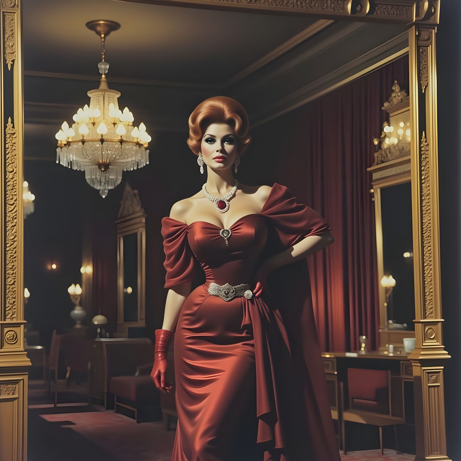 Vintage Beauty in Red Gown with Heart Pendant