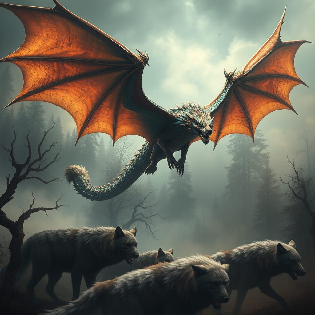 Majestic Dragon Soars Over Wolves in a Mystical Forest Lands...
