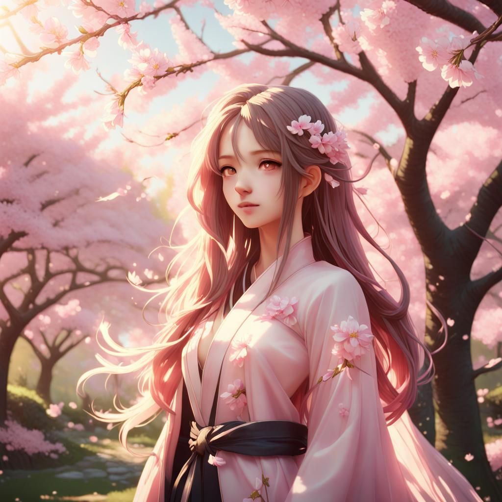 Anime Woman Under Cherry Blossom Tree