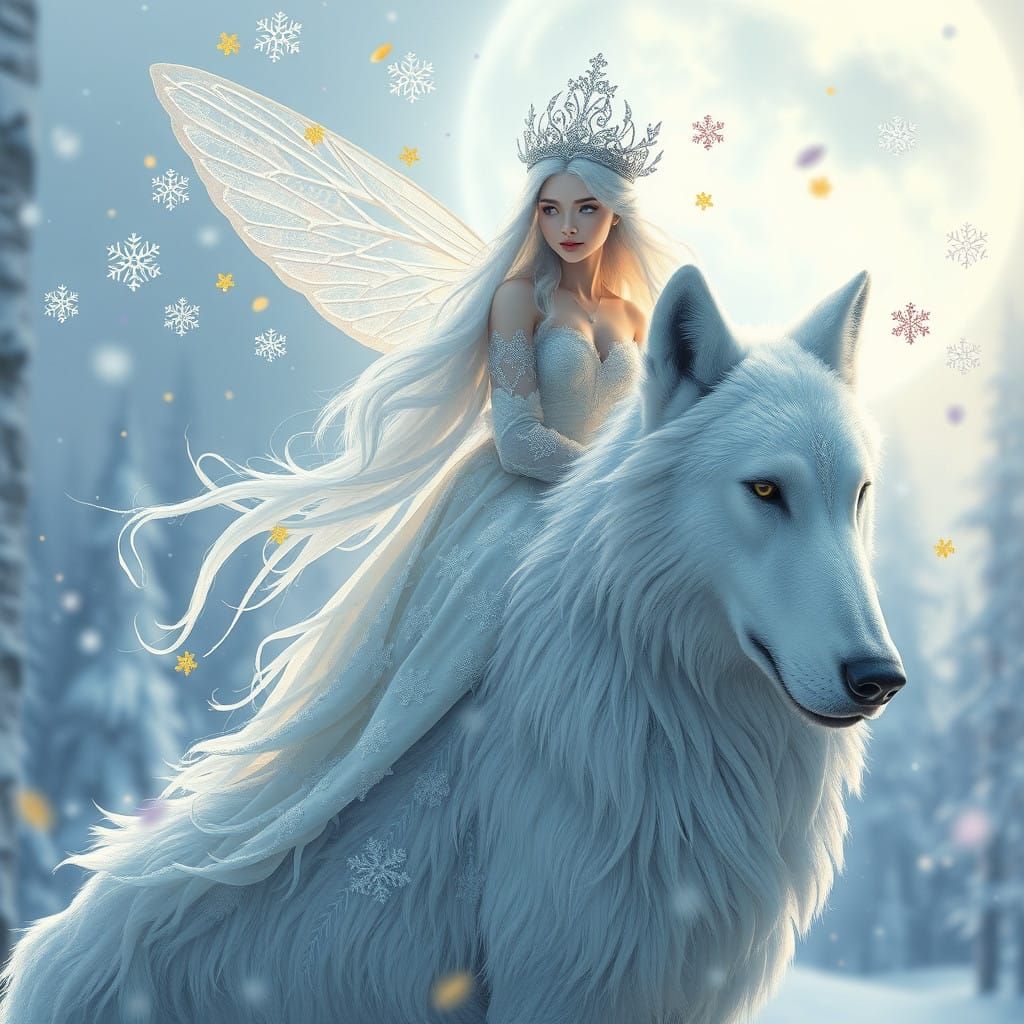 Ethereal Fairy Sits atop Majestic Snow-Encrusted Wolf in Win...
