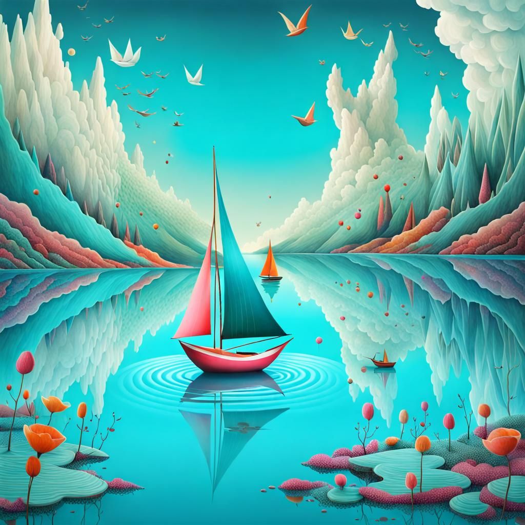 Surreal Sailboat on Magical Turquoise Lake