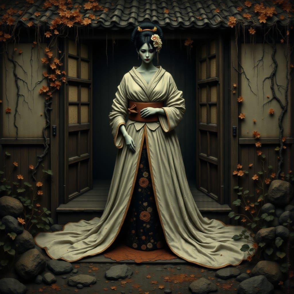Mourning Geisha Ghost in Ancient Japanese House