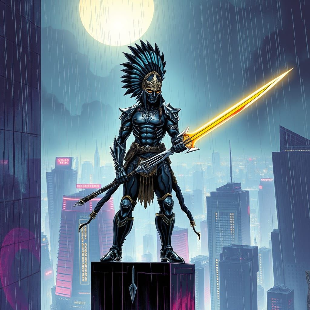 Cyberpunk Indian Warrior with Plasma Khanda Sword