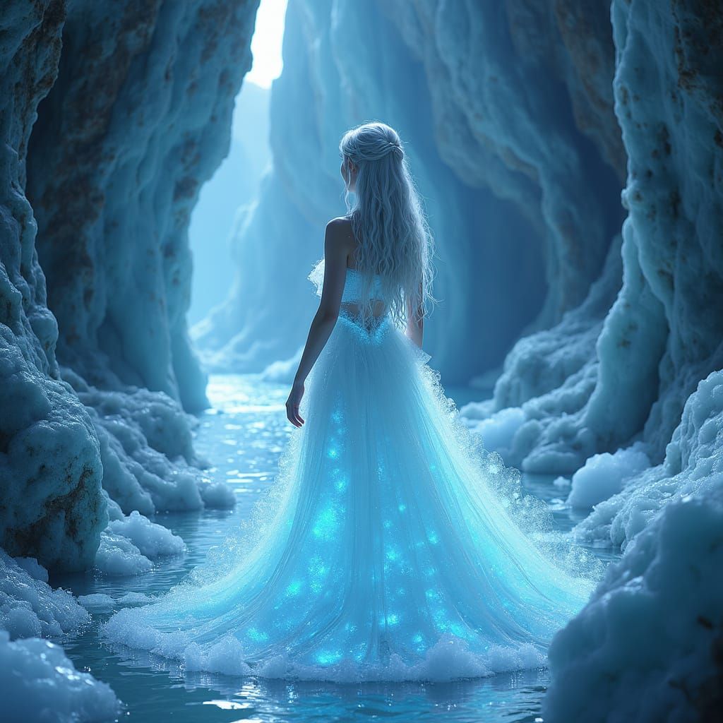 Ice Princess in Bioluminescent Ice Cave, Precisionist Art