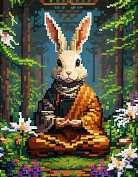 Meditating Rabbit in Forest, 8-bit Pixel Art