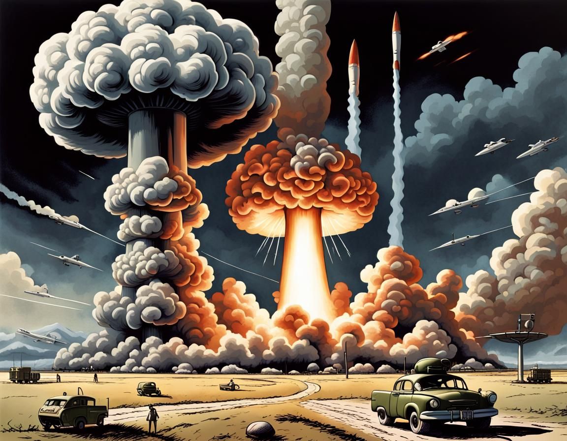 Cold War Cartoon: Rockets and Atomic Clouds