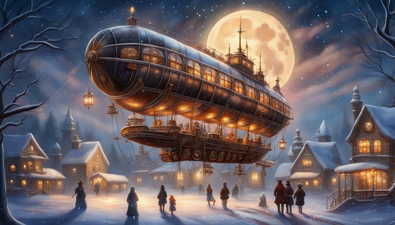 Steampunk Airship Soaring Through Winter Wonderland