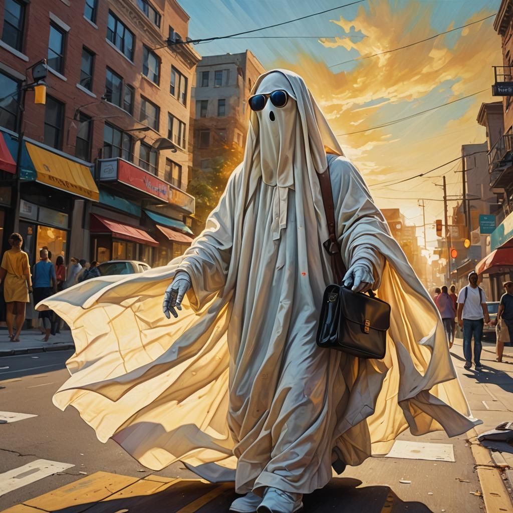 Ghost in Sheets with Briefcase: Cinematic Concept Art