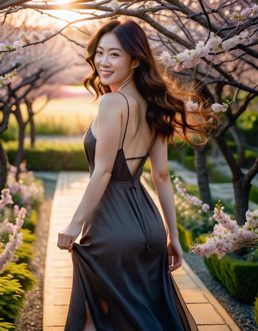 Korean Woman in Garden: Chiaroscuro Oil Painting