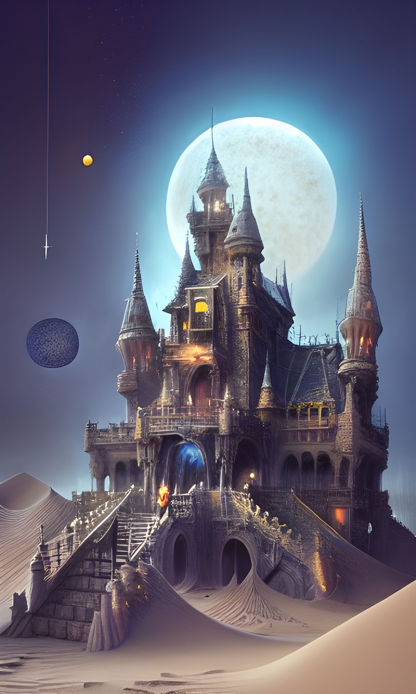 Haunted Sandcastle in Space: Detailed Digital Illustration