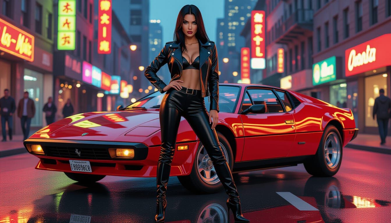Italian Woman and DeTomaso Pantera GT5-S, Manara Style
