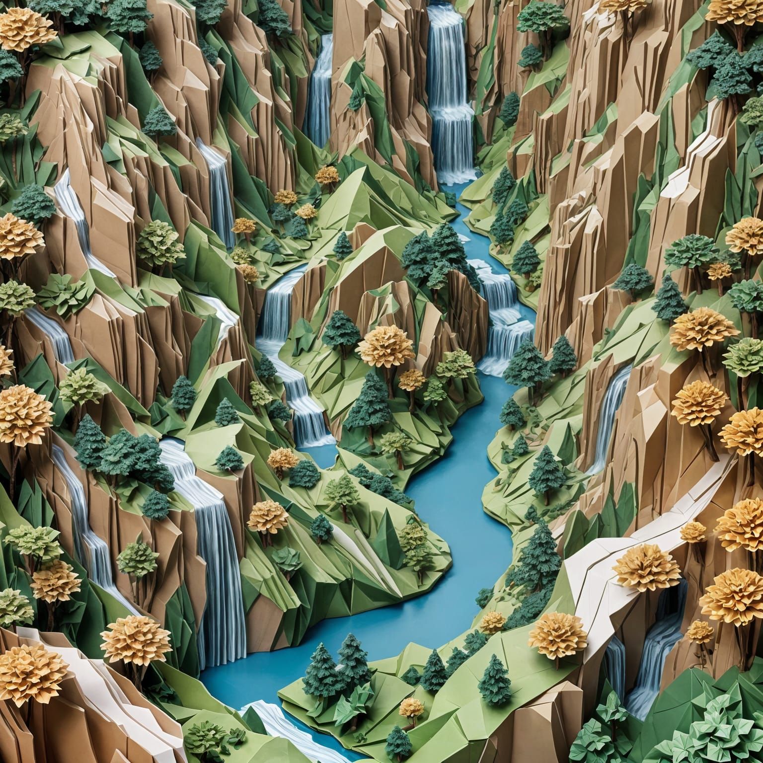 Origami Canyon Waterfall Landscape in 8K