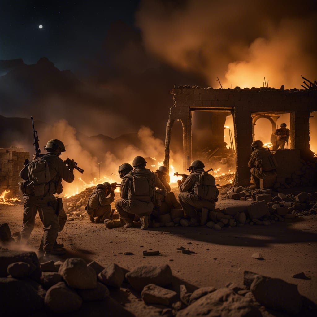 US Soldiers in a Desert Village Under Fire