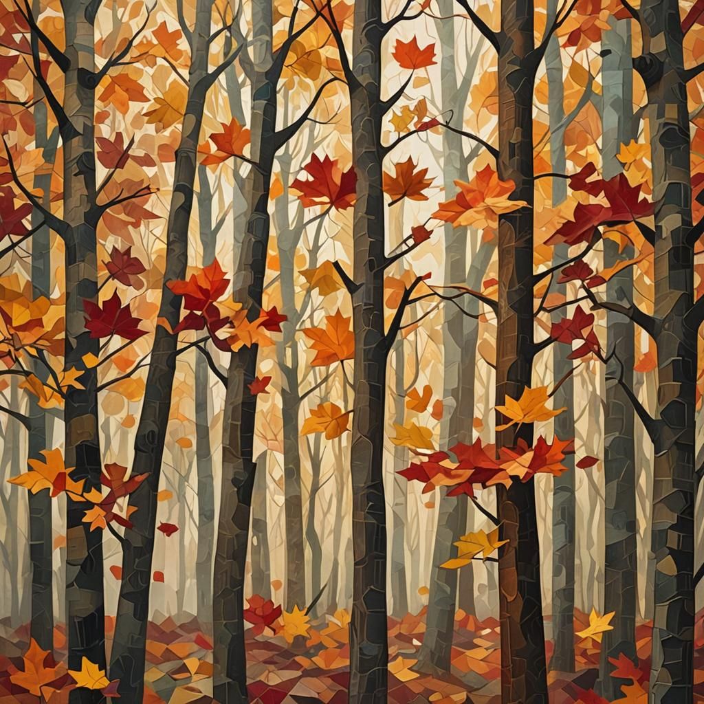 Oak Trees in Autumn, Cubist Collage Style