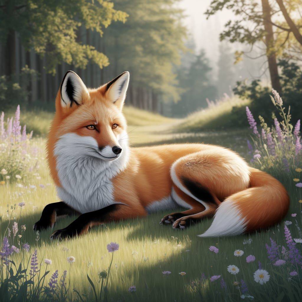 Golden Fox Lounging in Sunlit Meadow