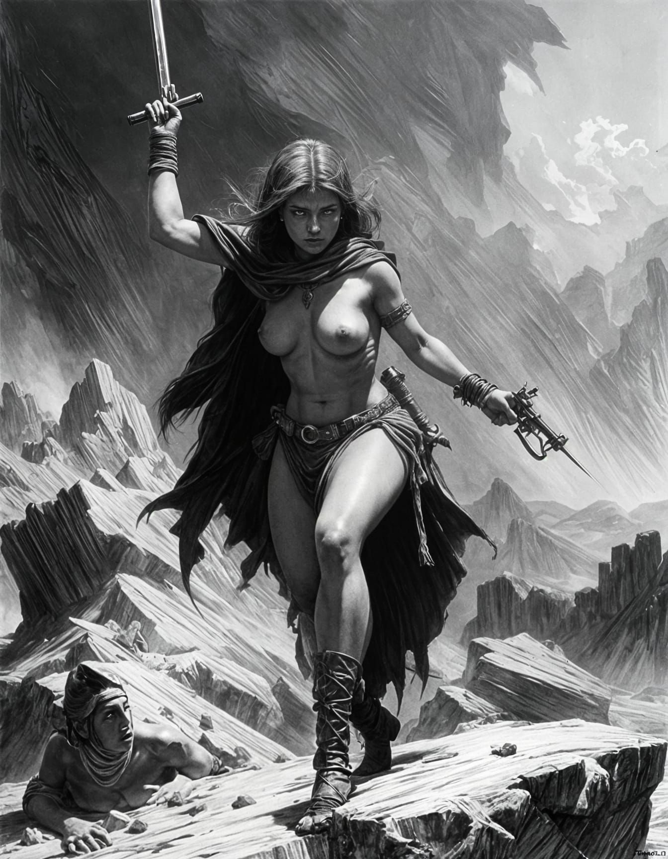Sensual Greyscale Barbarian Woman in Fierce Realistic Scene