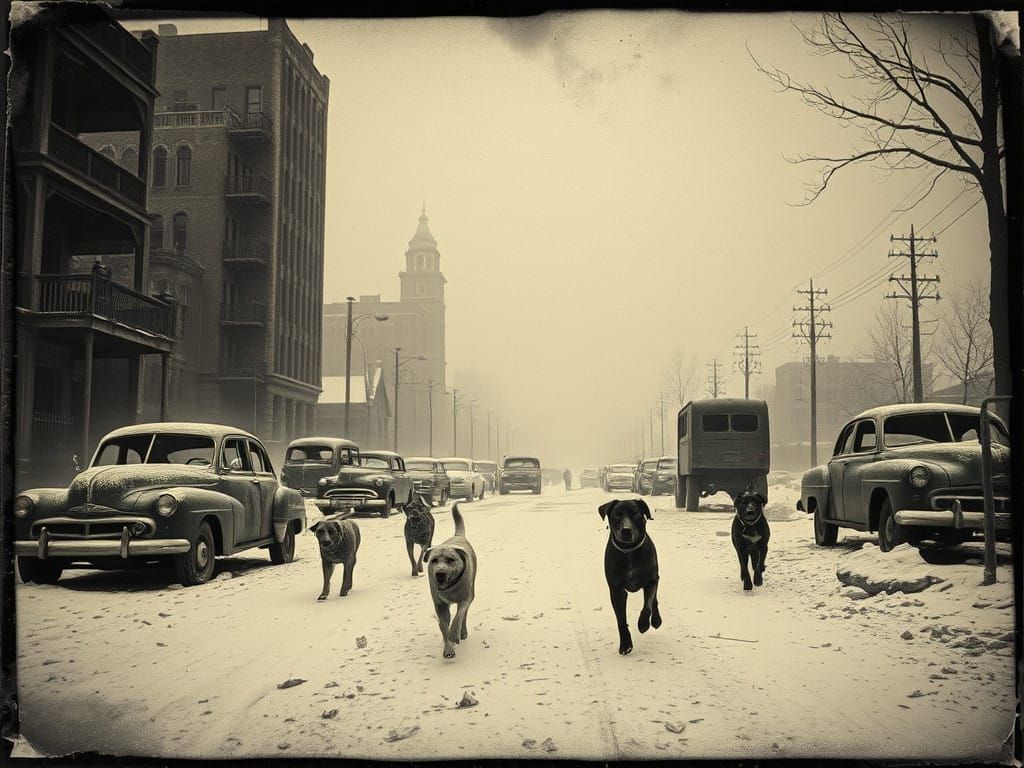 Post-Apocalyptic Ruins in Black and White Tintype Style