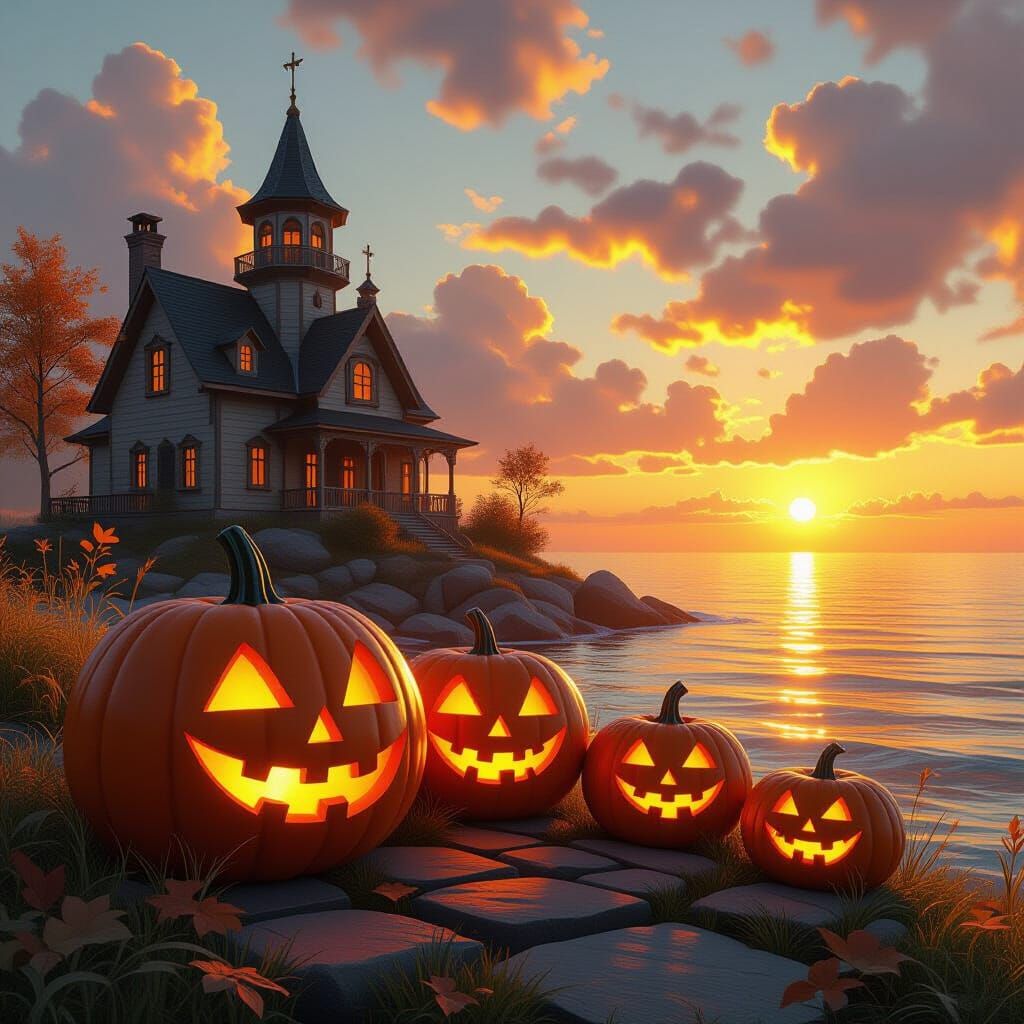 Creative Halloween Pumpkins in Golden Hour Light