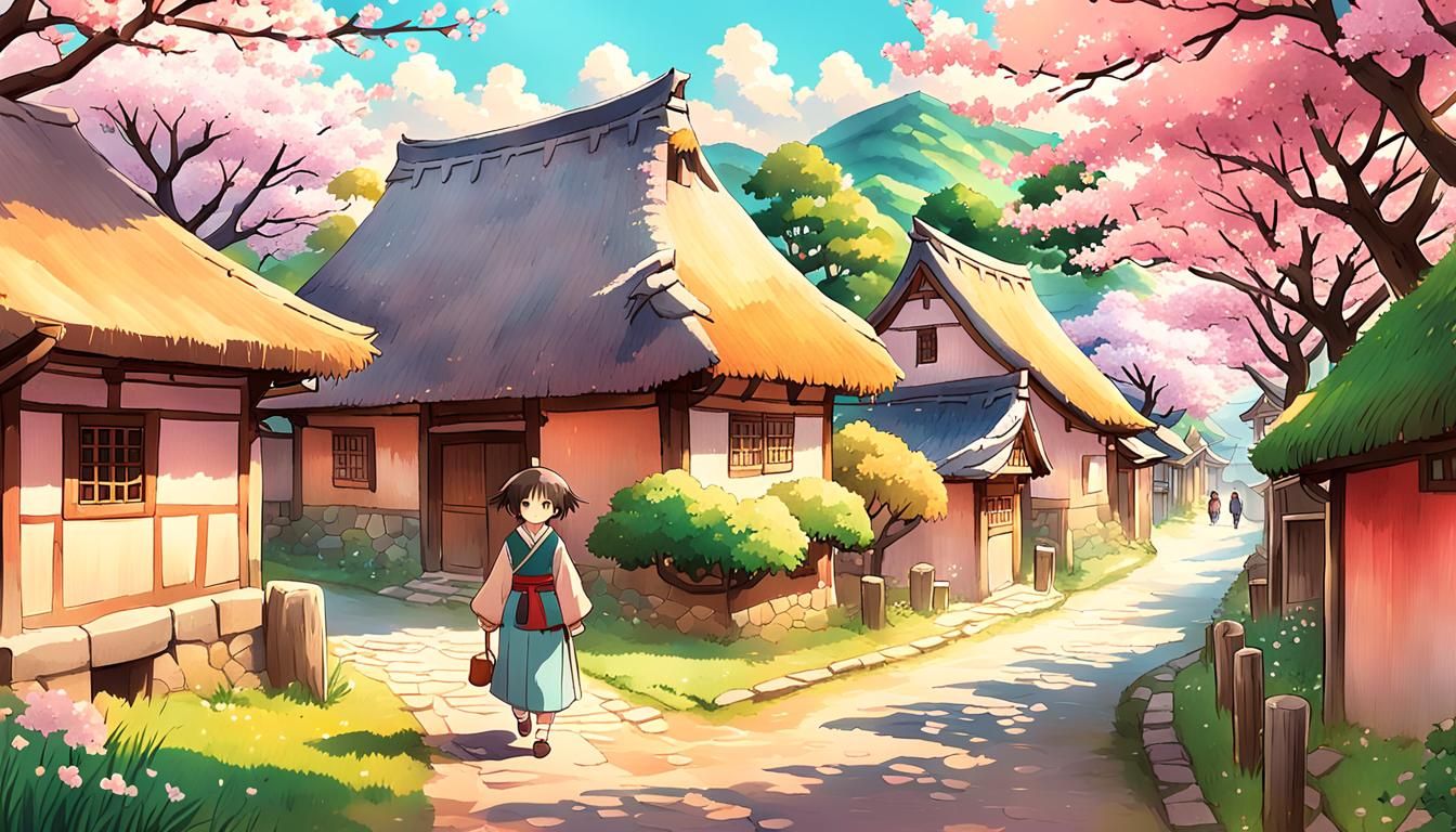 Anime Village Scene in Whimsical Watercolor Style