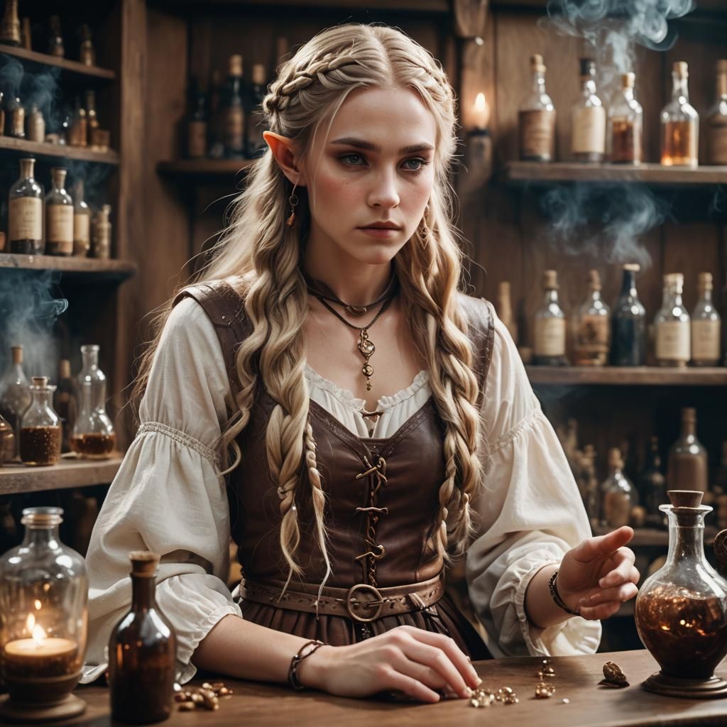 Elf Maiden in Glittering Potion Shop: Cinematic Still