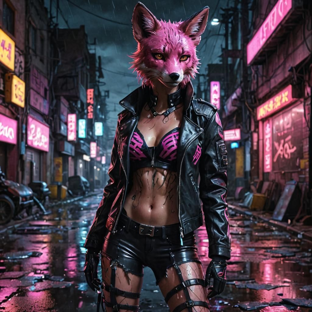 Cyberpunk Fox Girl in Bioluminescent Neon City