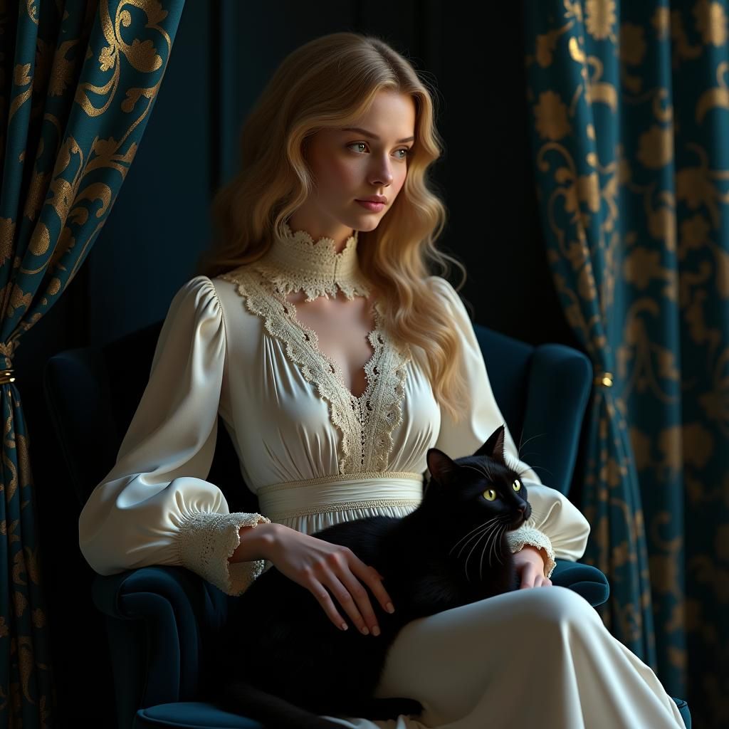 Elegant Lady with Black Cat in Art Nouveau Style