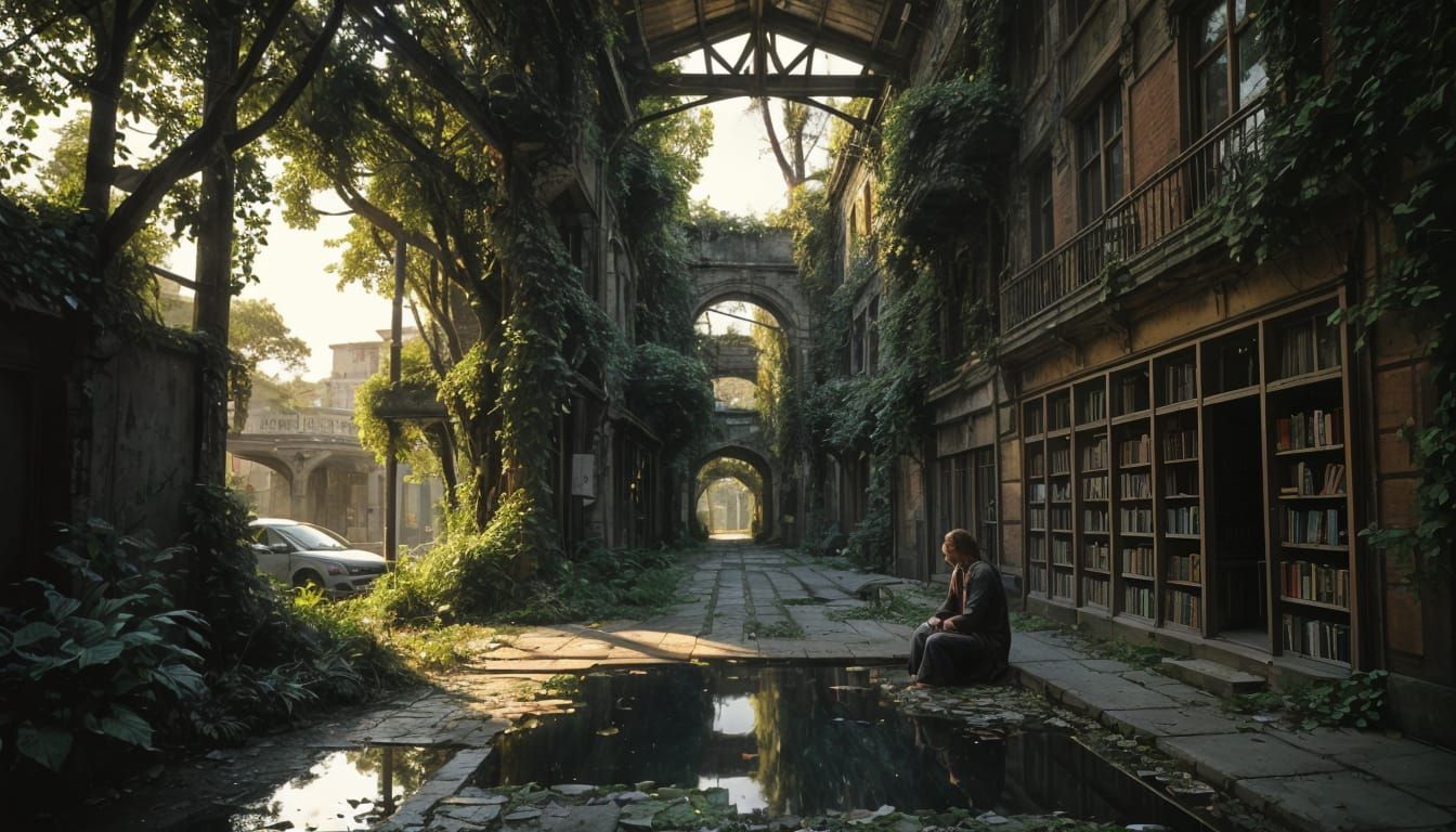 Overgrown City Street with Lone Traveler in Morning Light