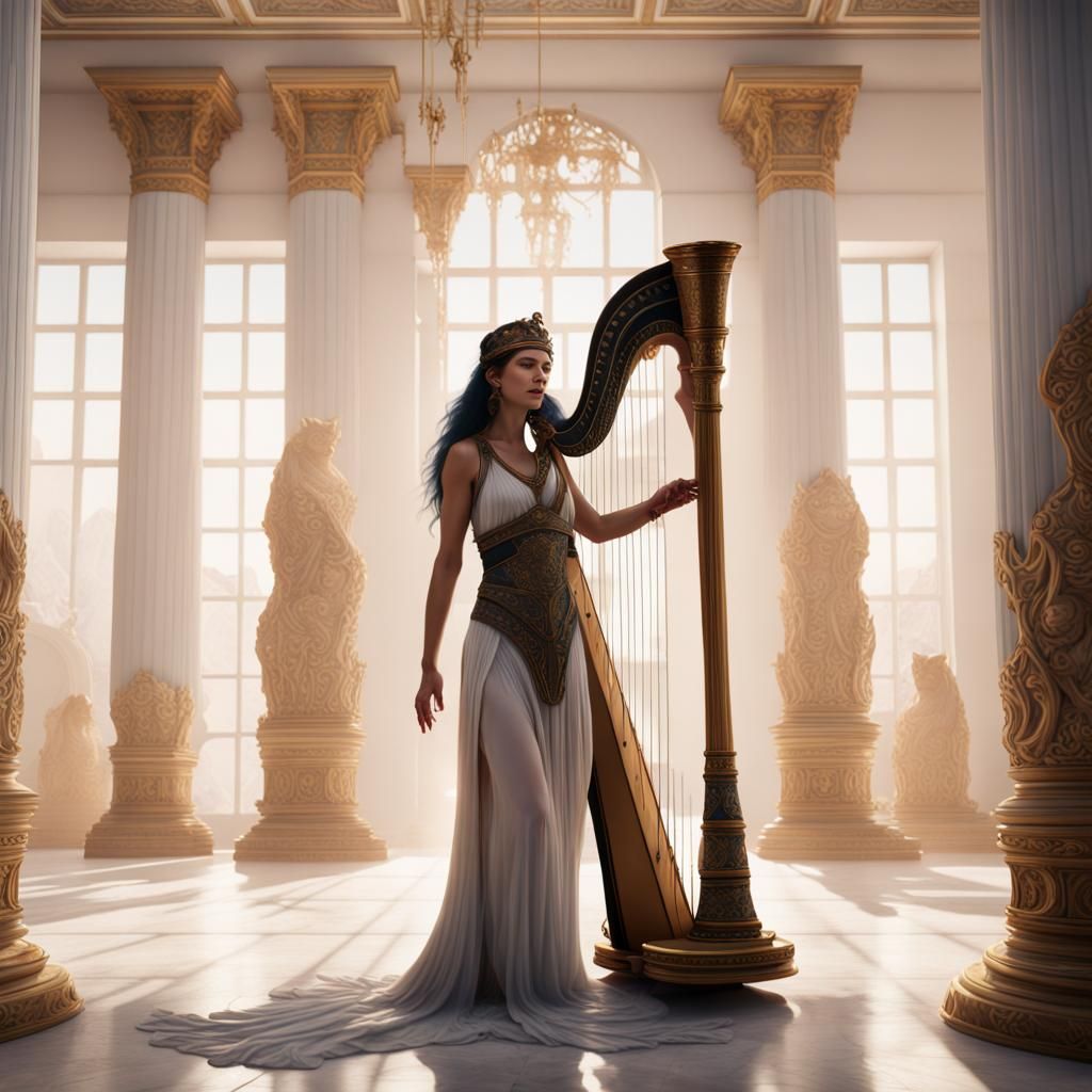 Goddess Ishtar Plays Harp: Detailed Matte Painting