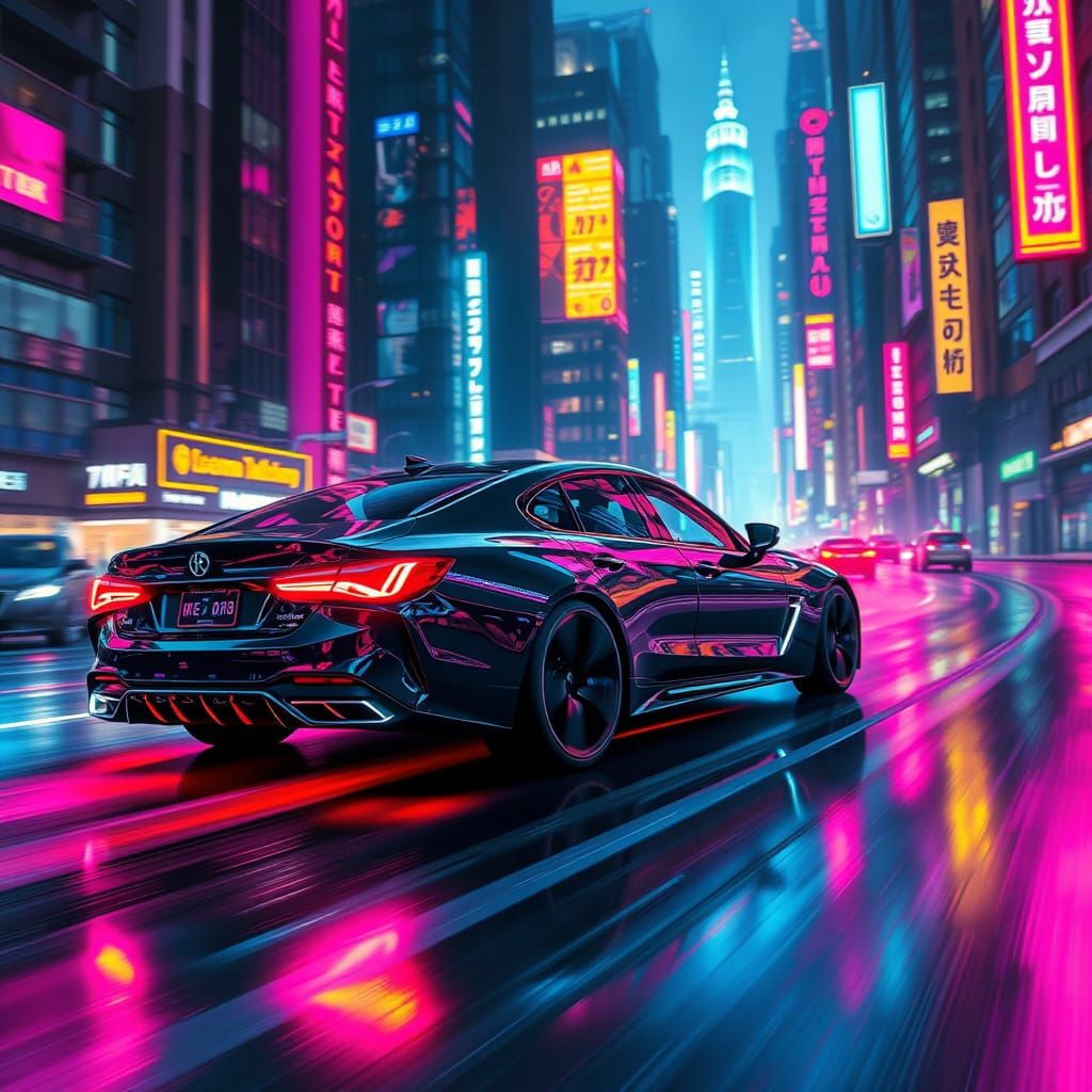 Futuristic Sedan Glides Through Neon Cityscape