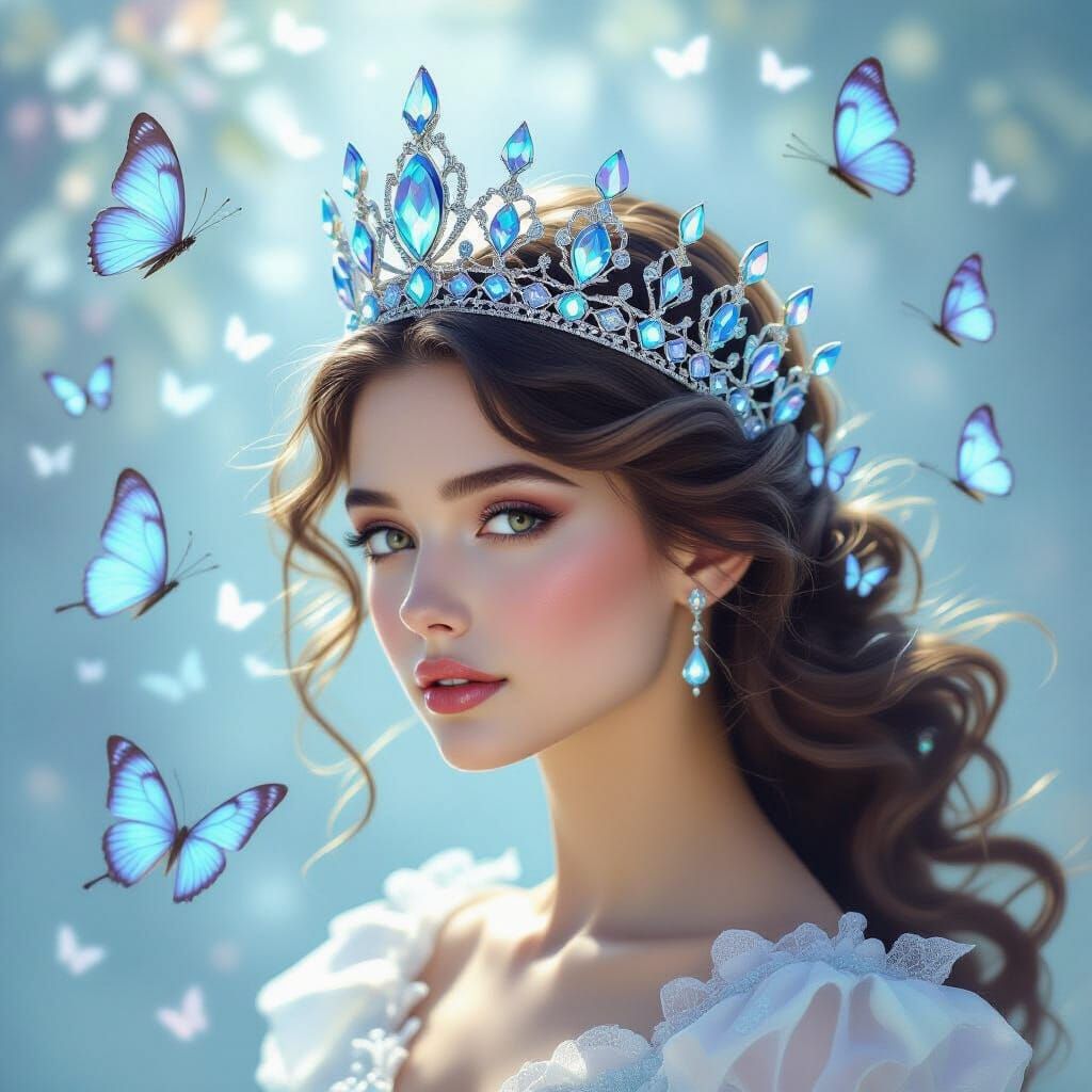 Regal Queen's Crown with Blue Gems and Butterflies in Soft F...