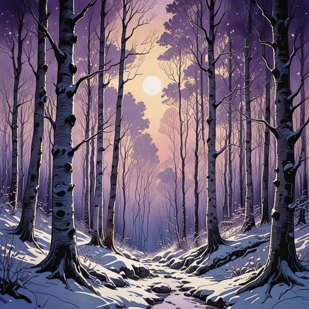 Ethereal Winter Birches in Amethyst Twilight