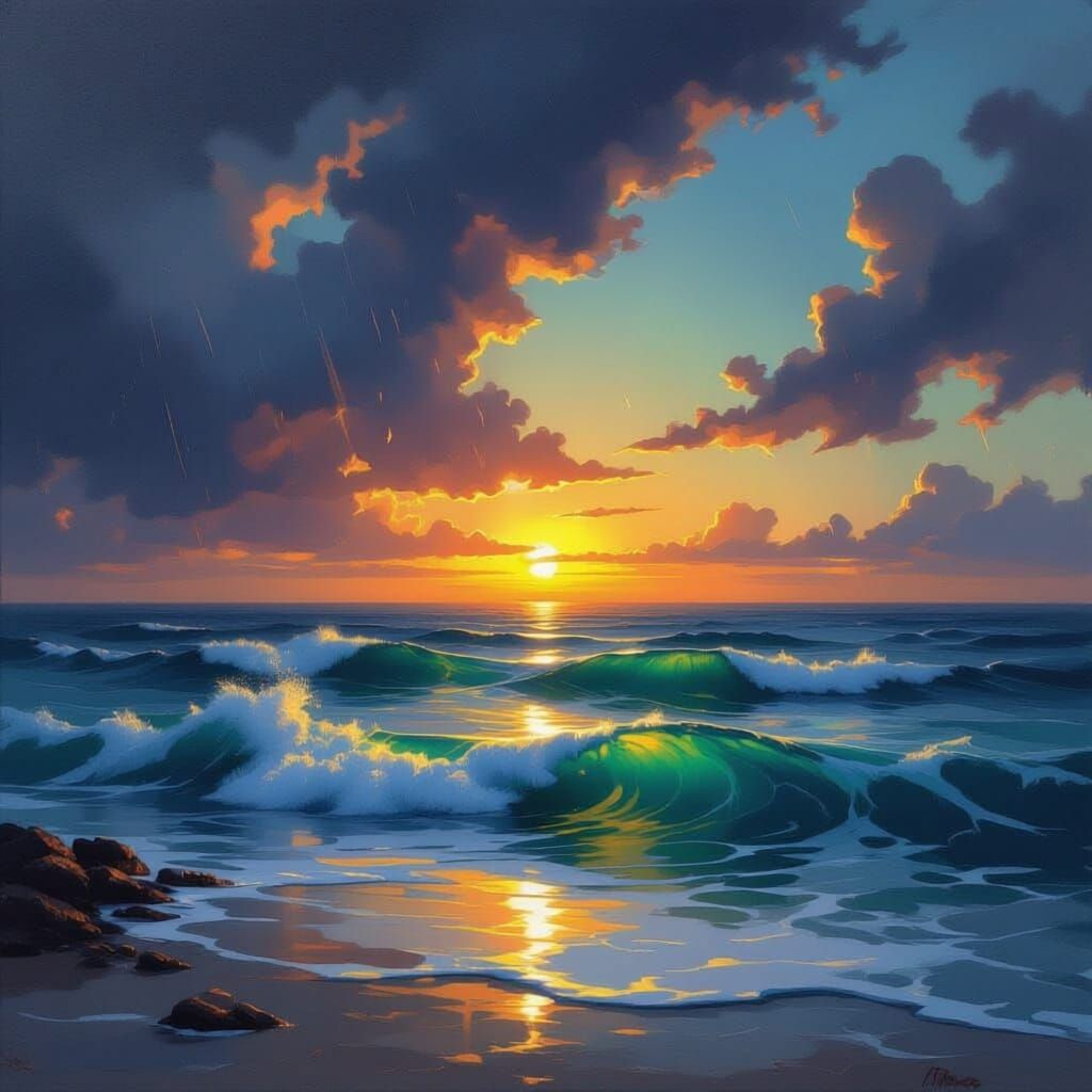 Dramatic Seascape: Storm Clouds Meet Golden Sunset and Rainb...