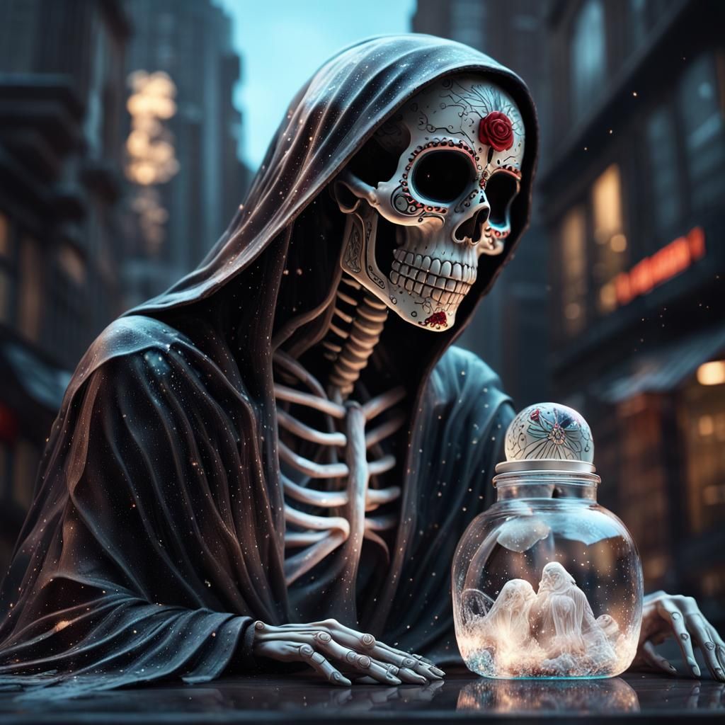 Glass Santa Muerte with Neon Cracks