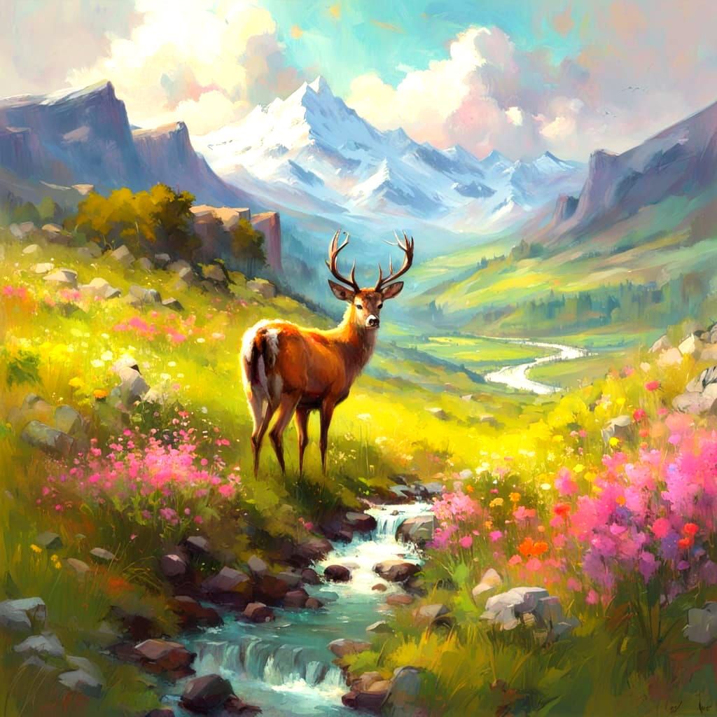 Lush Spring Landscape with Lone Deer and Majestic Mountains
