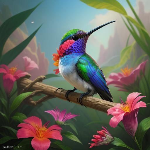Colorful Hummingbird Nectar in Detailed Digital Painting