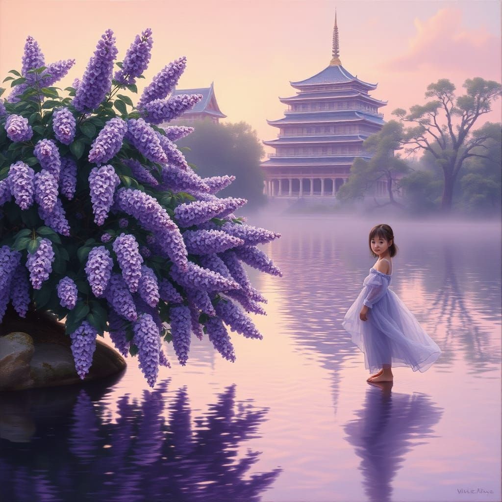 Lilac Twilight: Girl by Water in Japanese Art Style