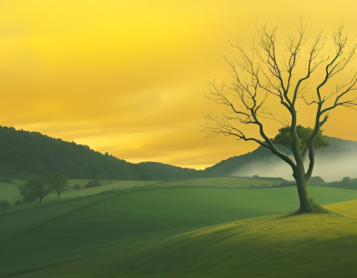 tree against a yellow sky, green hills