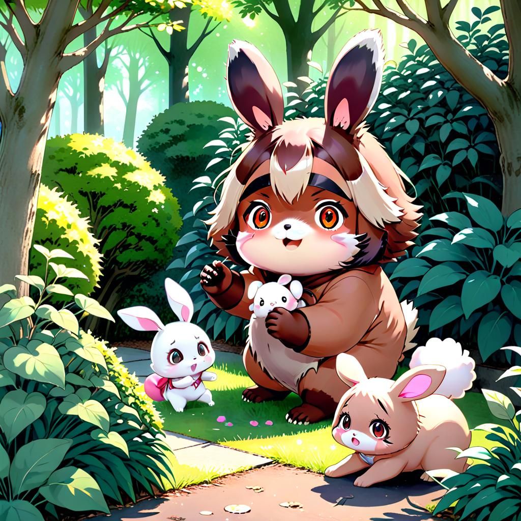 Anime Tanuki and Bunny Rabbit Play in Park