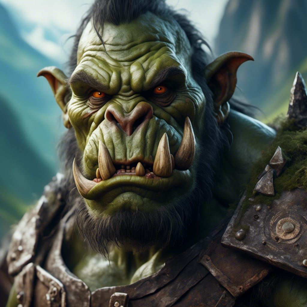 Hyperrealistic Orc Portrait with Mountain Backdrop