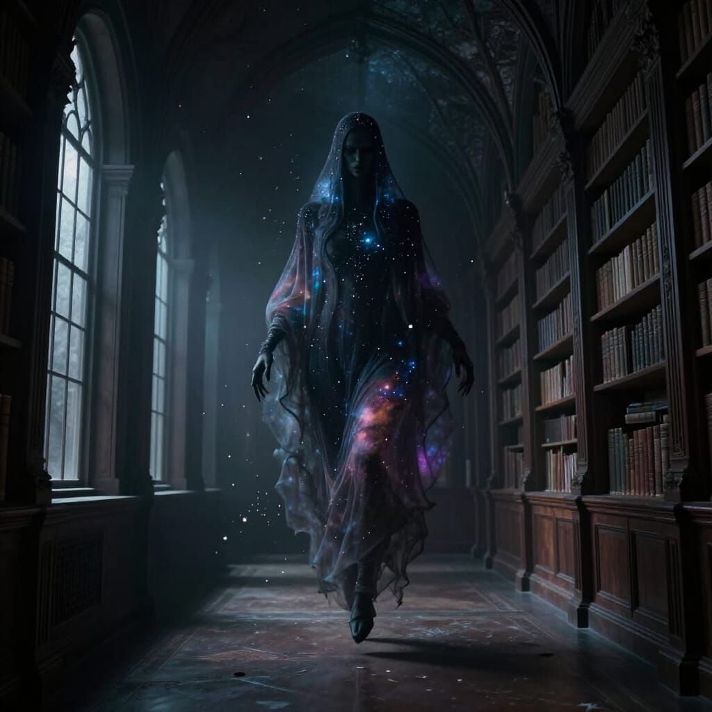 Ethereal Celestial Being in Gothic Library Hallway