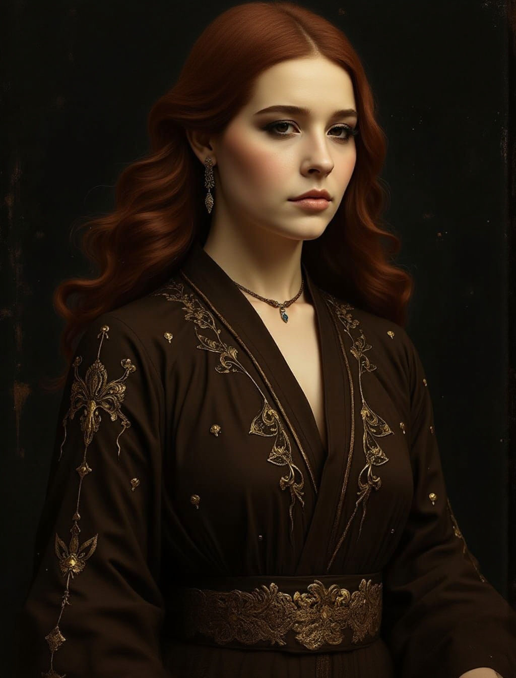 Ethereal Woman in Dark Brown Jedi Robe with Auburn Hair