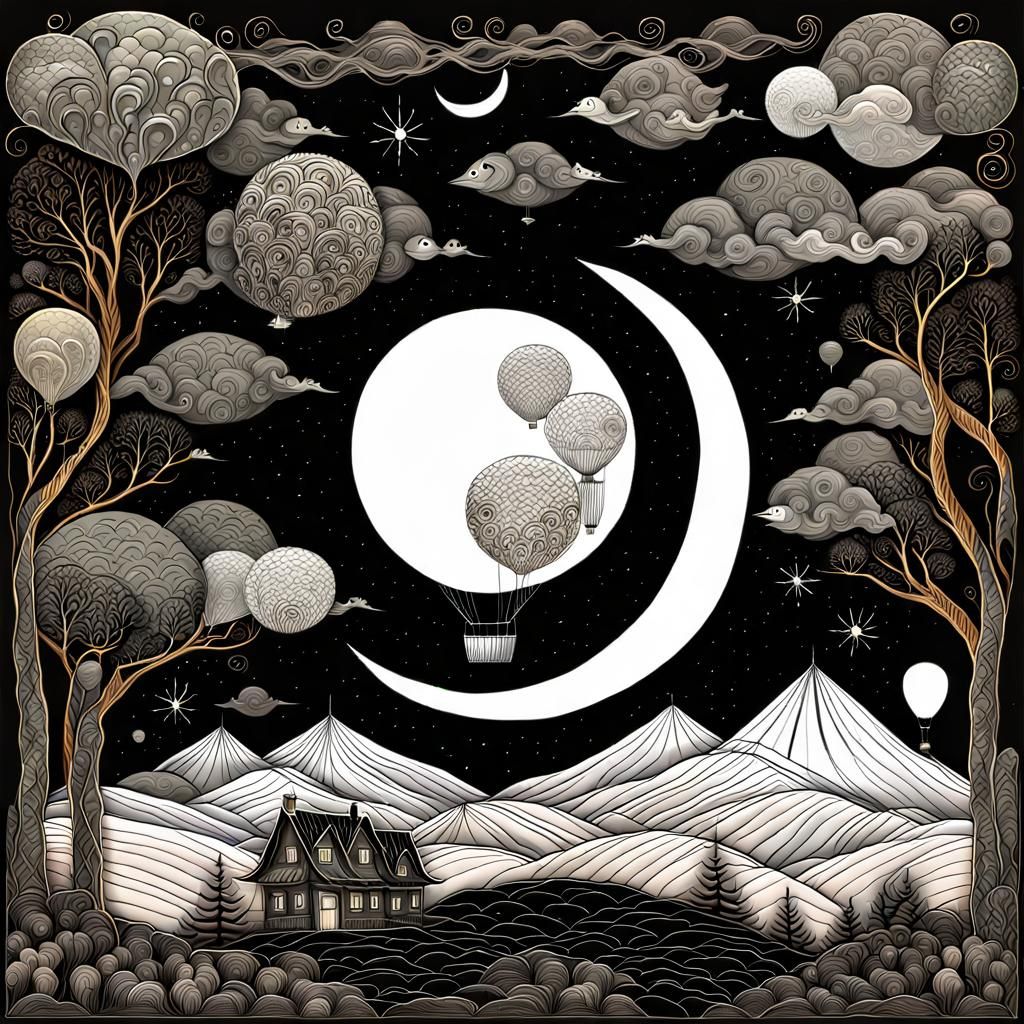 Balloon Moon Graphic Drawing in Folk Art Style