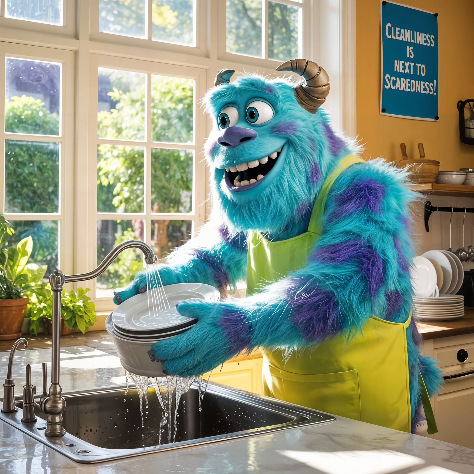 Sully Does Dishes in a Sunny Kitchen