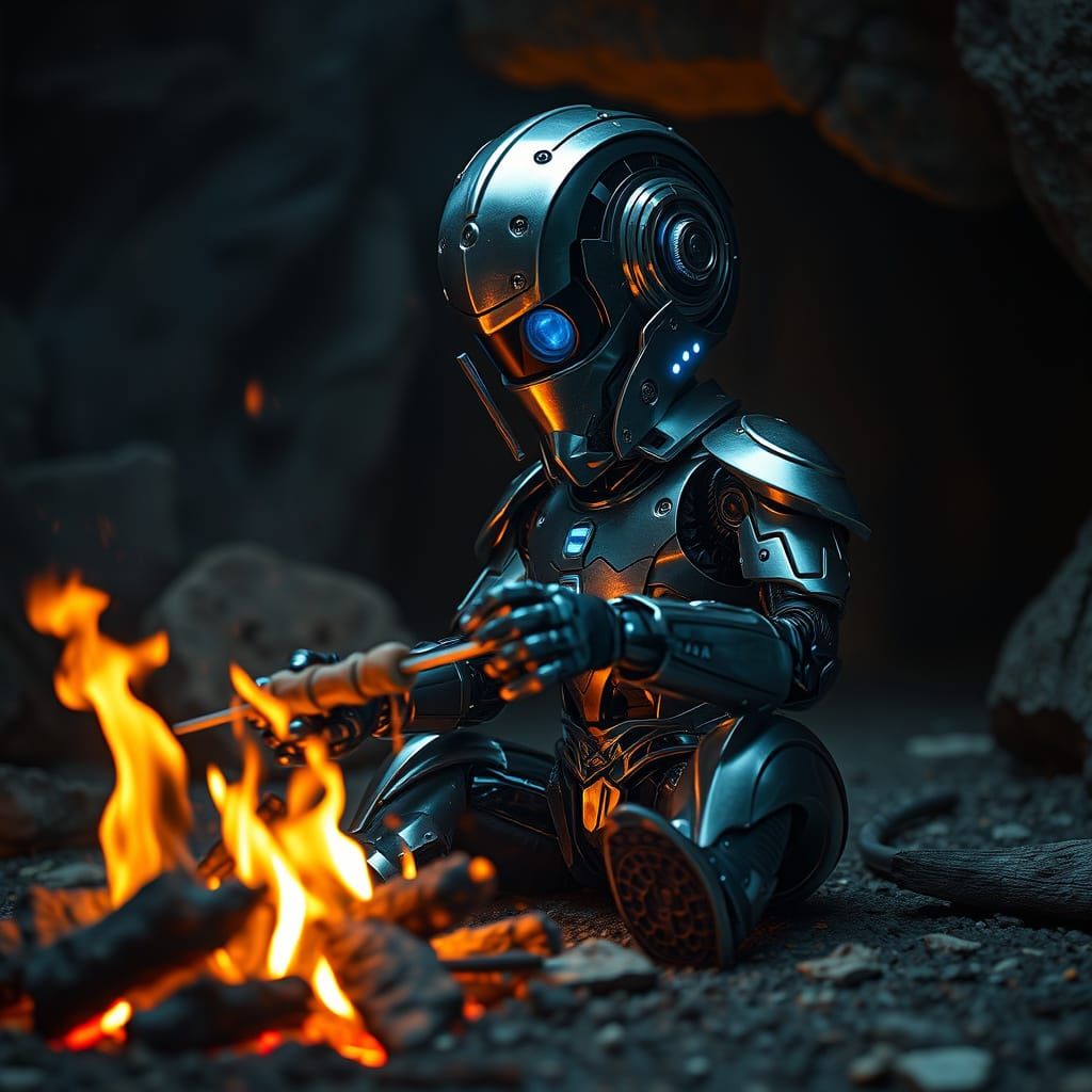 Robot Grilling Skewer by Campfire in Dimly Lit Cave